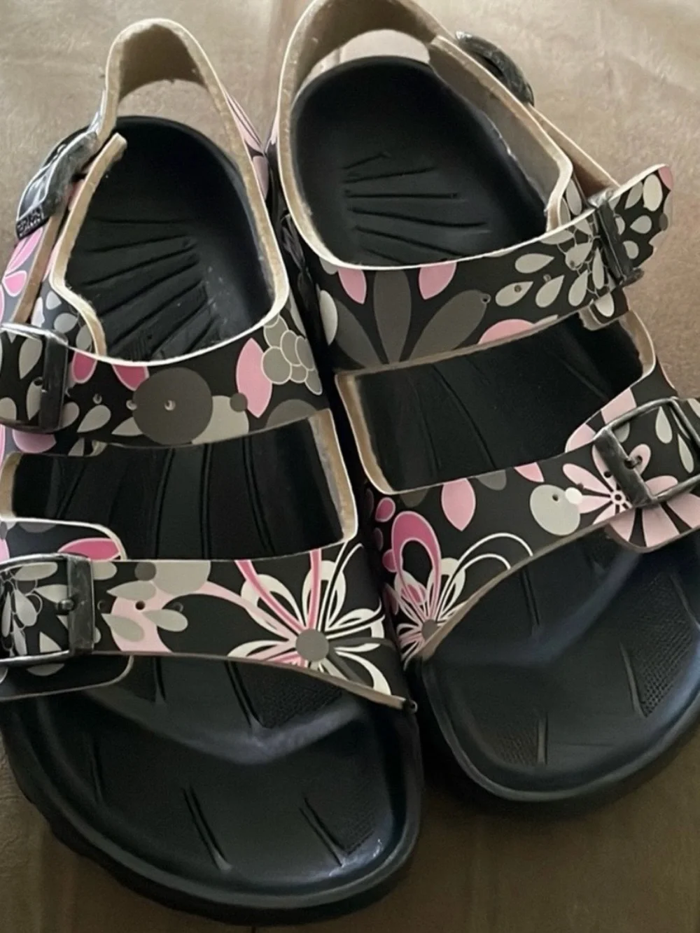 Birki’s Birkenstock Haiti Flower Leather Slip On Slides Sandals-Girls Kids 1Y